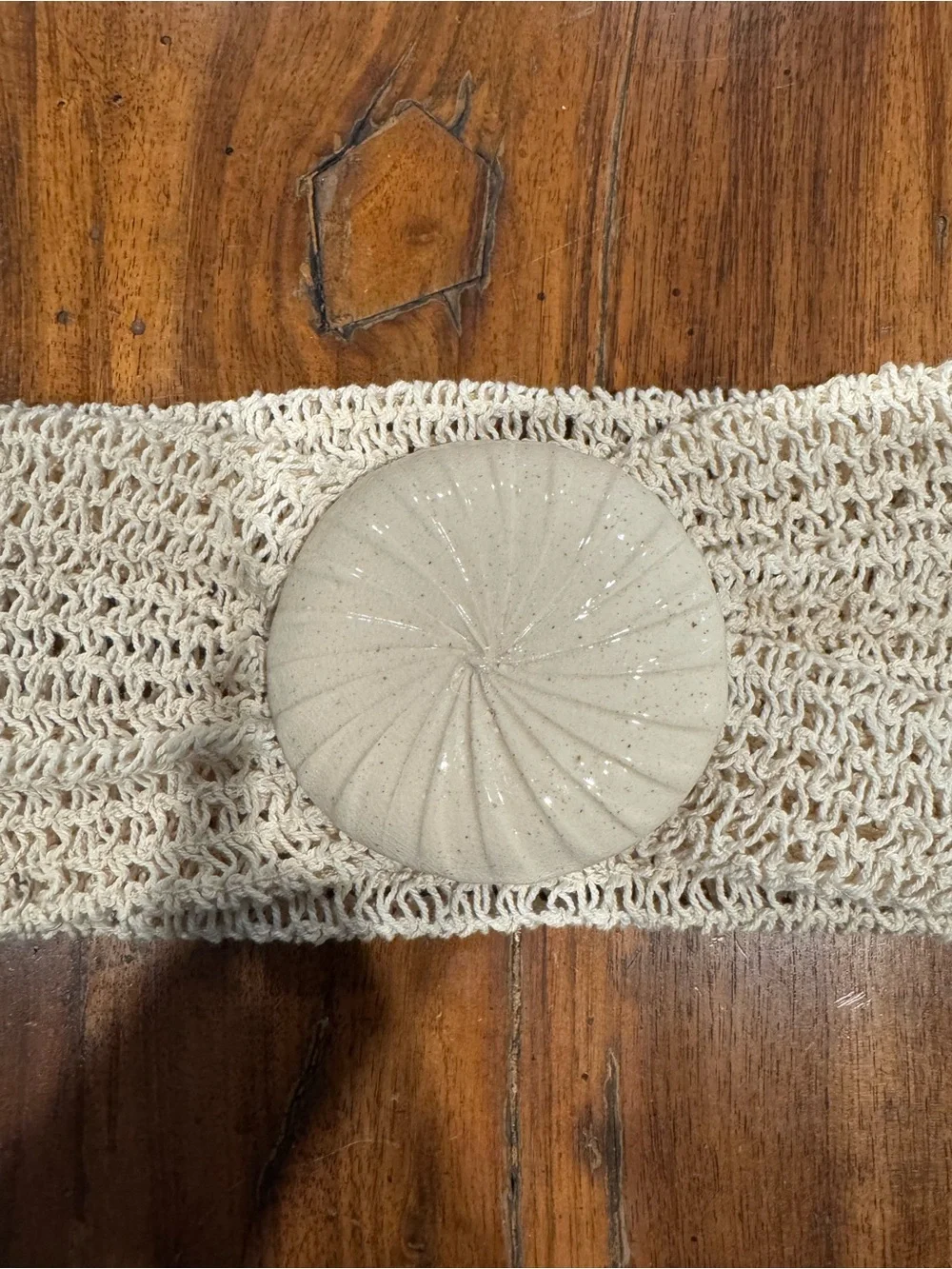 Vintage Cream Crochet Stretch Belt Oversized Shell Buckle Boho Waist Belt